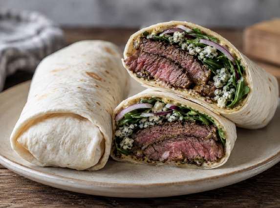 Biefstukwrap met blauwe kaas en Dijonmosterd