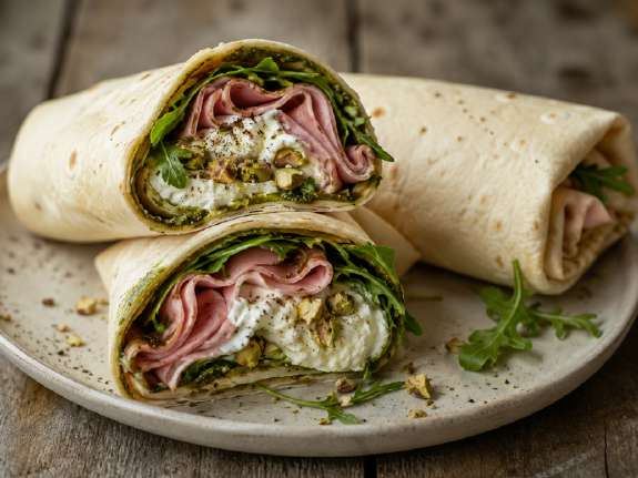 Burratawrap met mortadella en pistache