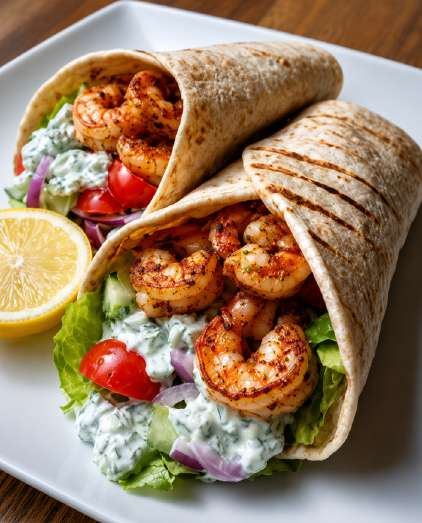 Frisse garnalenwrap met yoghurtsaus