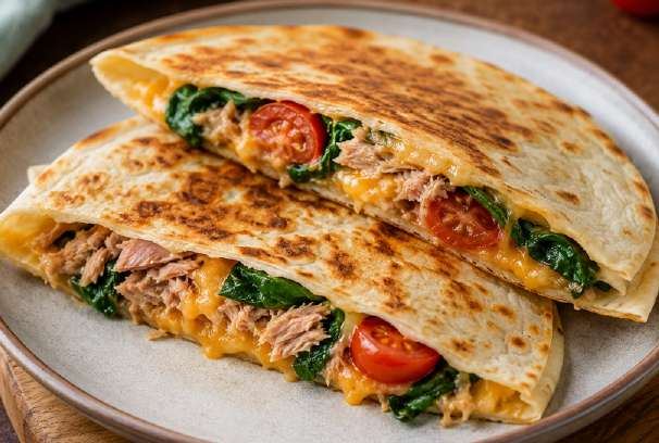 Quesadilla met tonijn, cheddar en spinazie
