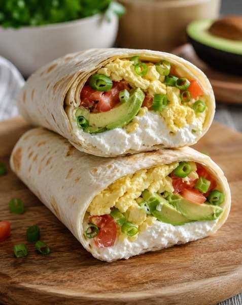 Ontbijtwrap met ei, hüttenkäse en avocado