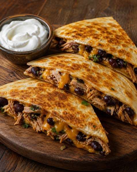 Quesadilla met bonen en draadjesvarkensvlees